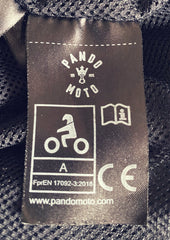 A label of Pando Moto women's motorcycle jeans with CE certification mark 