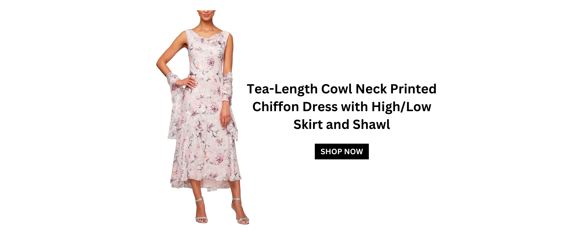 Link to Tea Length Cowl Neck Printed Chiffon Dress with High Low Skirt