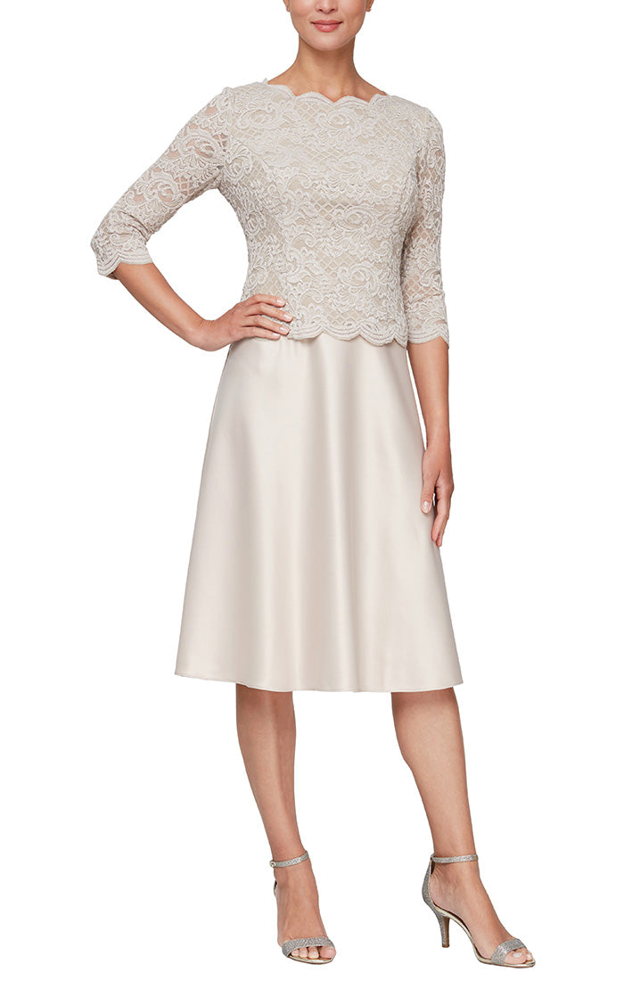 Tea-Length Cocktail Dress with Glitter Lace Bodice. Illusion Sleeves & Full Satin Taffeta Skirt