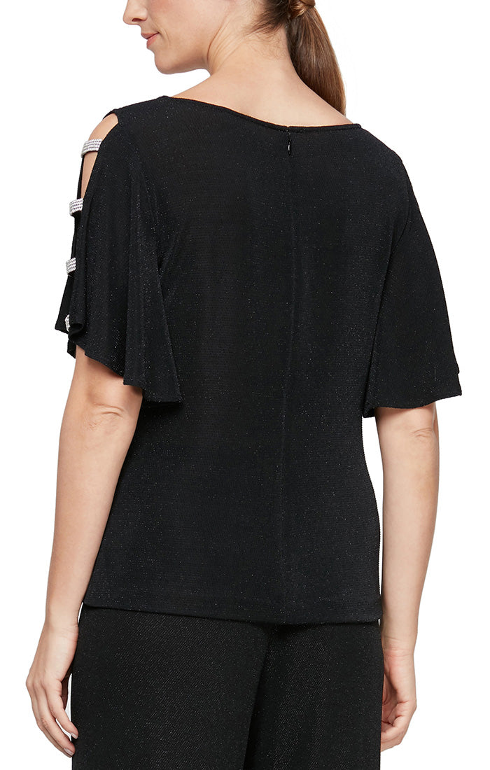 Women's - Short Sleeve Blouse with Embellished Ladder Sleeve Detail