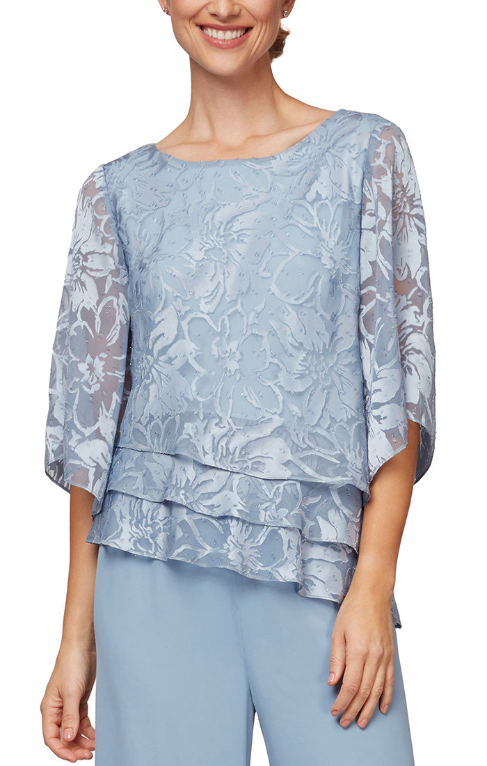 3/4 Sleeve Blouse with Asymmetric Triple Tier Hem and Illusion Sleeves ...