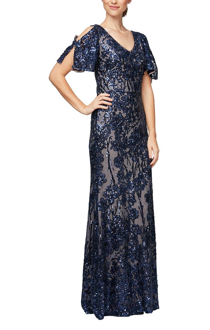 V-Neck Sequin Dress with Cold Shoulder Flutter Sleeve - alexevenings.com product image