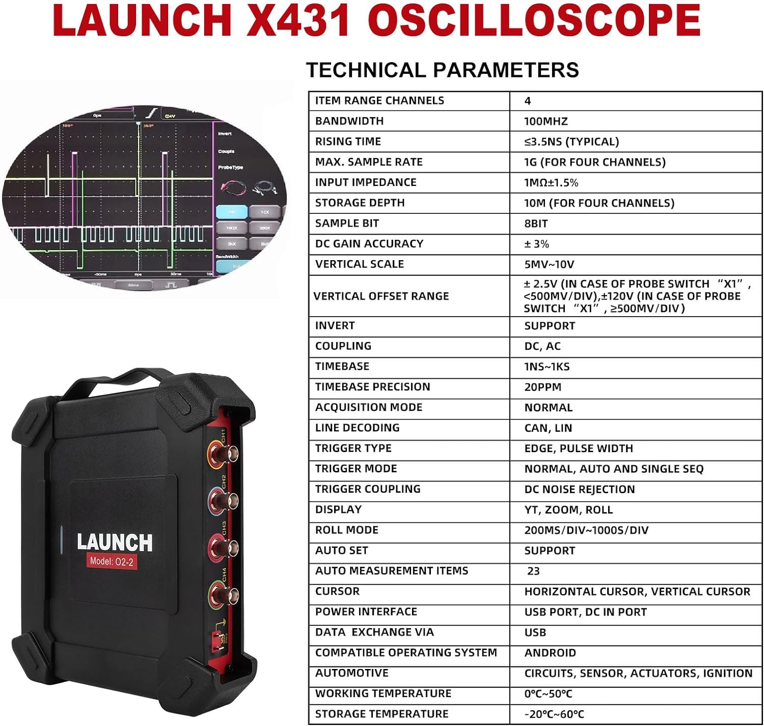 Launch O2-2 Oscilloscope technical parameters