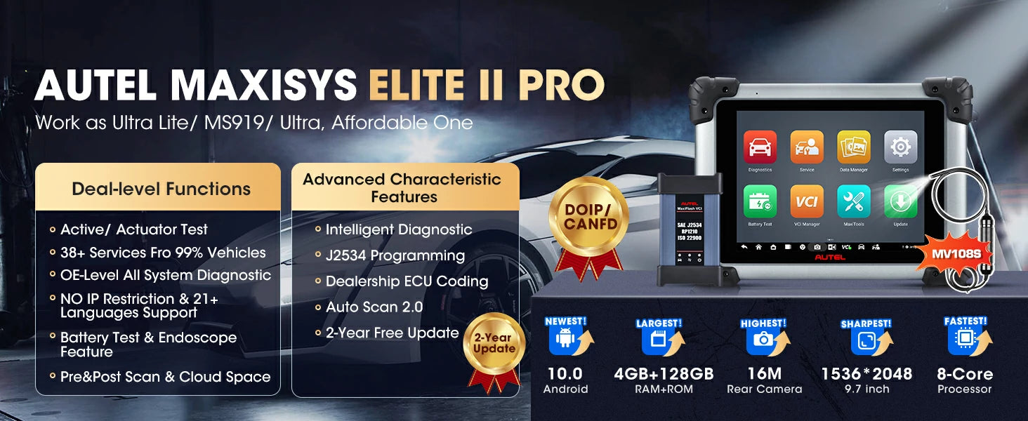 オーテル MaxiSys Elite 2 Pro OBD2診断の主な特徴には、38のサービス機能、双方向制御、ECUプログラミングおよびコーディングなどが含まれます。