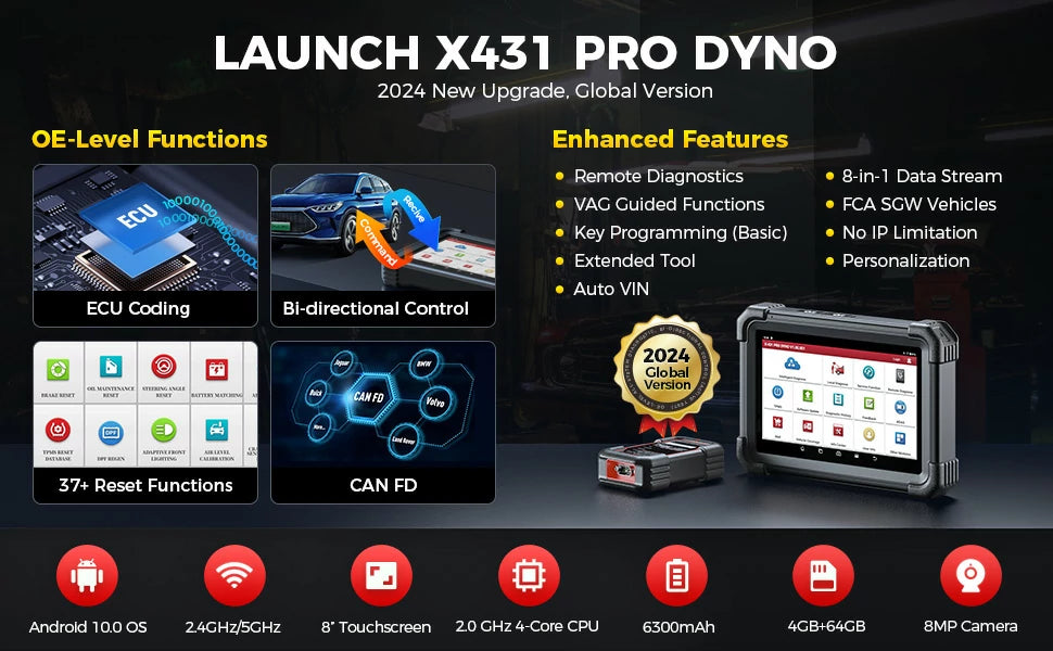 תכונות מפתח של לונצ' x431 pro dyno עם קידוד ECU, שליטה דו-כיוונית ו-37 פונקציות איפוס