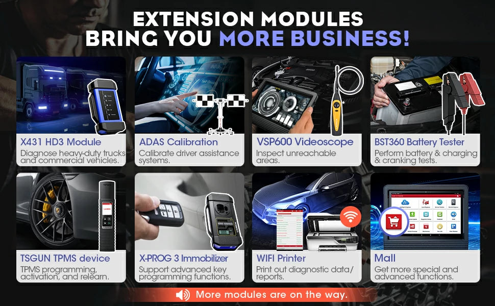 L'image montre l'outil de diagnostic LAUNCH X431 V+ avec un ensemble de modules supplémentaires listés. Ces modules étendent les capacités de l'outil, offrant des fonctionnalités d'inspection complètes pour diverses tâches de diagnostic et de maintenance.