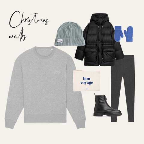 Grey Bonne Aventure sweatshirt worn with puffer coat, leggings and boots for Christmas walks