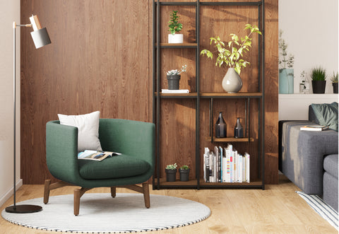 DE.CI Furniture Guide of Cozy Living Room with P.AX Shelving and LA.ND Armchair