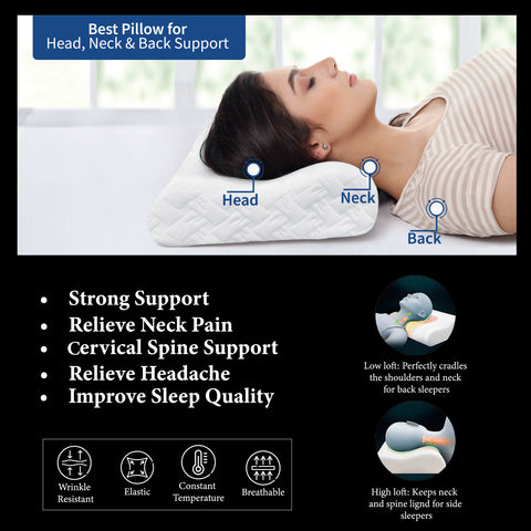 Memory Foam Contour Pillow ( wrinkle resistant, hypoallergic, breathable, ergonomic design) supports head, neck and back. relieves cervical pain.