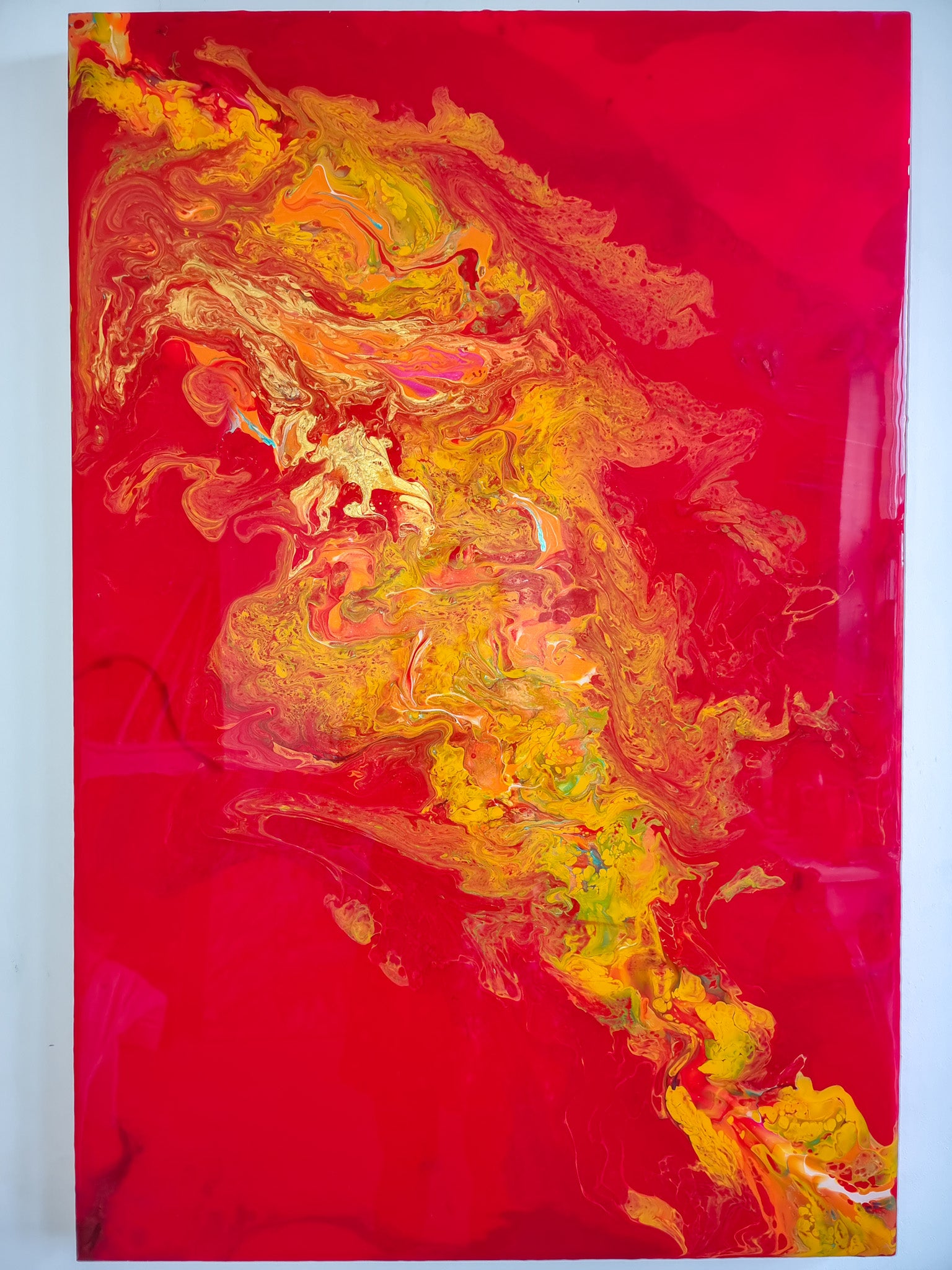 Red, gold and yellow fluid art  with resin