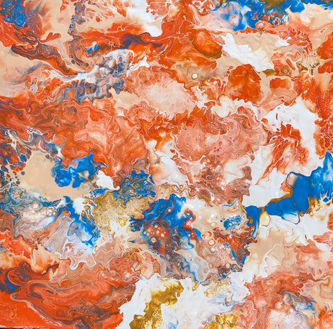 Orange, blue, white Fluid art painting finished with resin by female artist Alessia Camoirano Bruges 