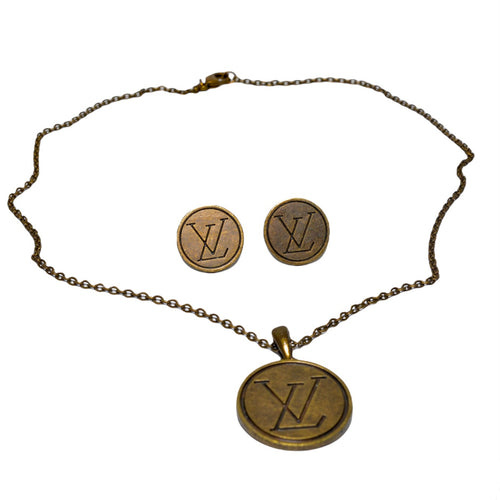 LV Gold Button Necklace + Earrings