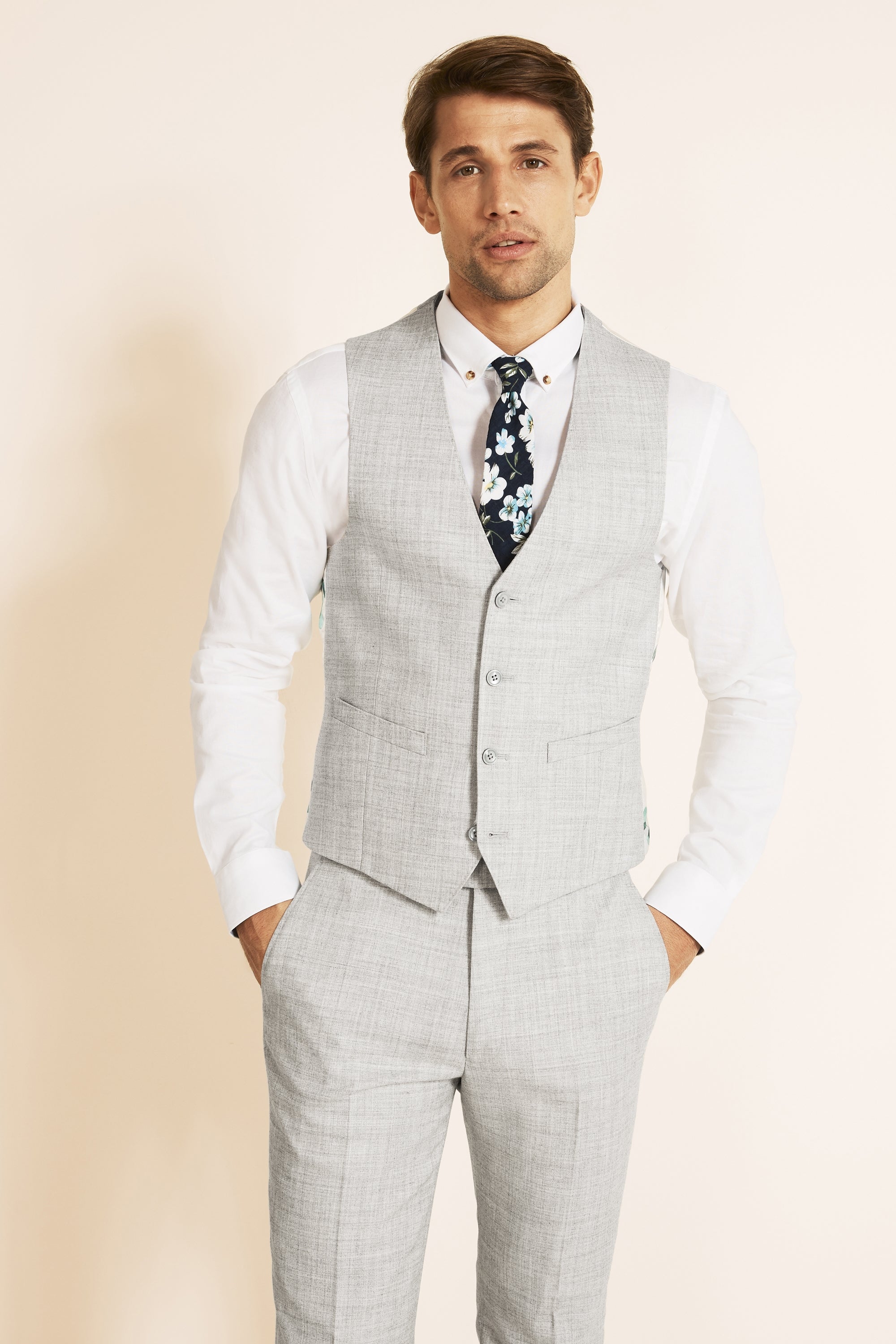 Rennie Street Slim Fit Mixed Light Grey Suit With Herringbone Waistcoat   MrGuild