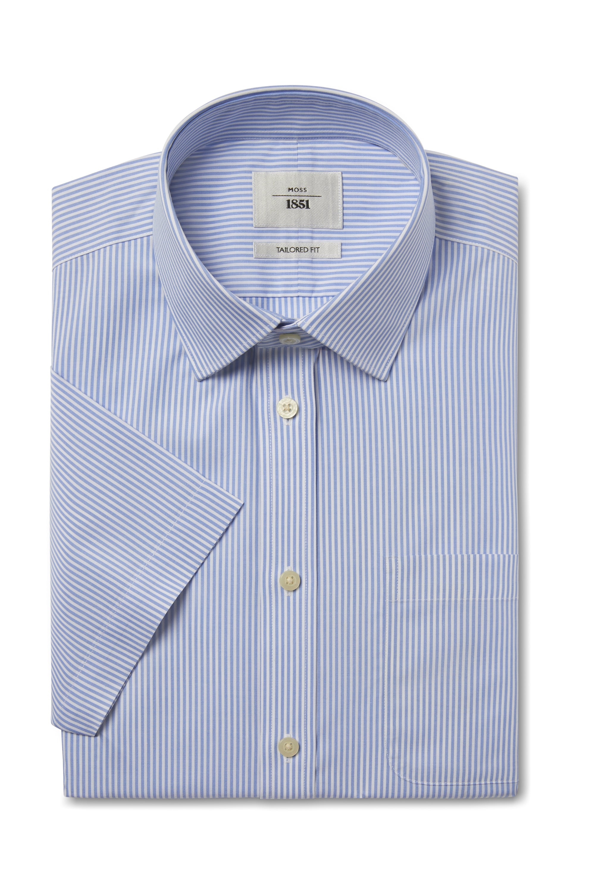MOSS 1851 | Tailored Fit Blue Short Sleeve Stripe Zero Iron Shirt ...