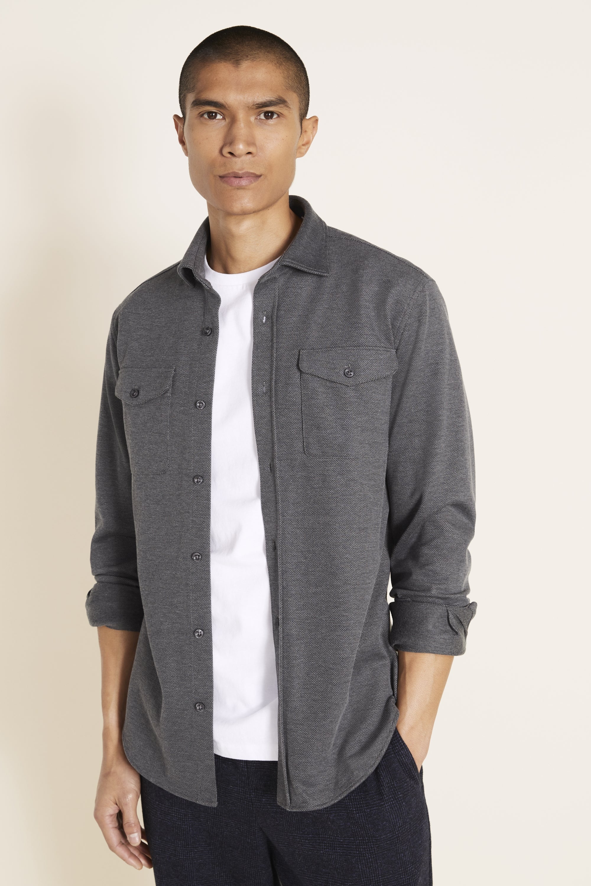 MB BY MOSS BROS | Tailored Fit Charcoal Knit Overshirt | Moss Box