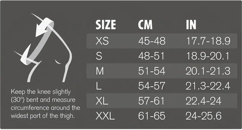 Grössentabelle für QD Thigh Support 5mm: Oberschenkel: XS = 45-48 cm, S = 48-51 cm, M = 51-54 cm, L = 54-57 cm, XL = 57-61 cm, XXL = 61-65 cm