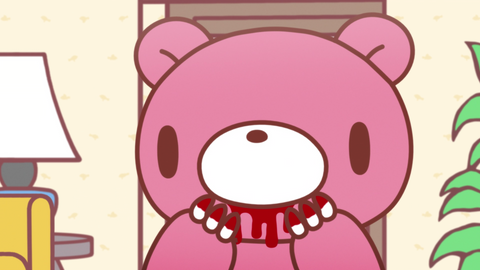 screenshot of Gloomy bear anime, he is eating a pomegranate