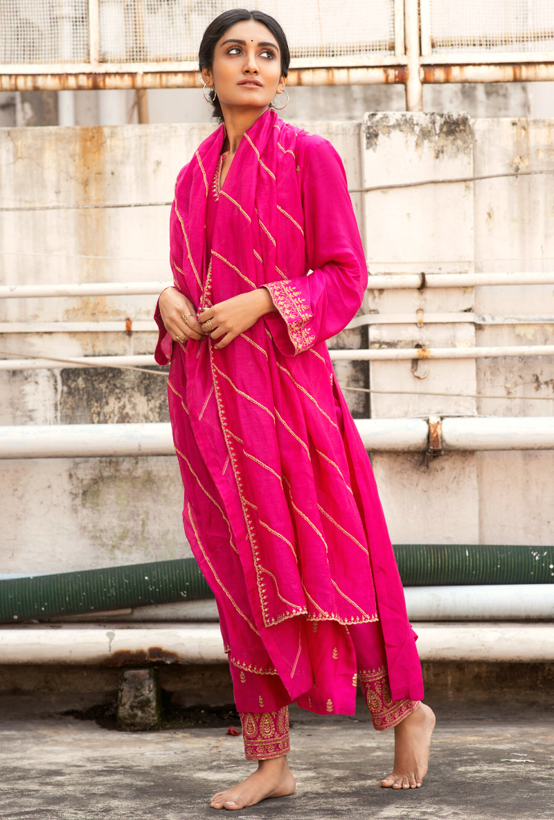 Rani Pink Faux Georgette Plain Gown With Dupatta