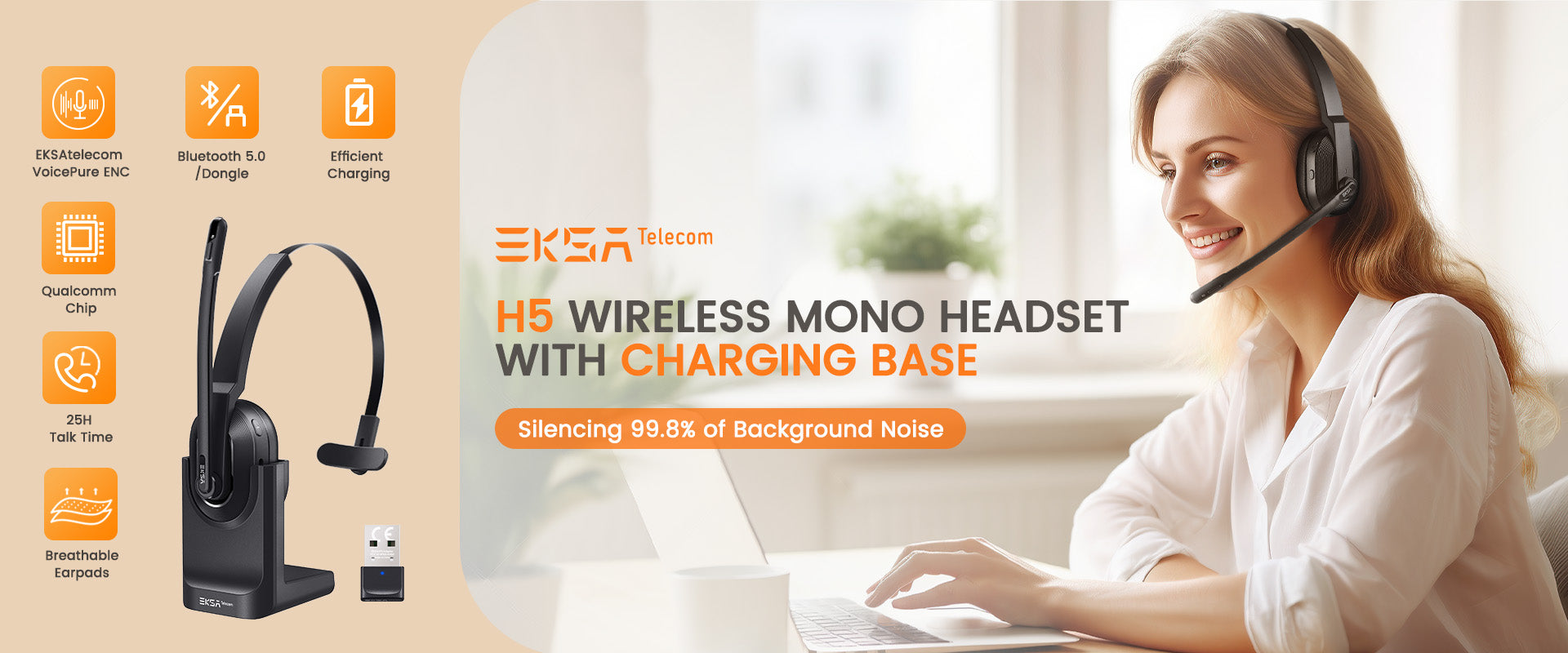 EKSAtelecom H5 Wireless Mono Headset with charging base/stand/dock