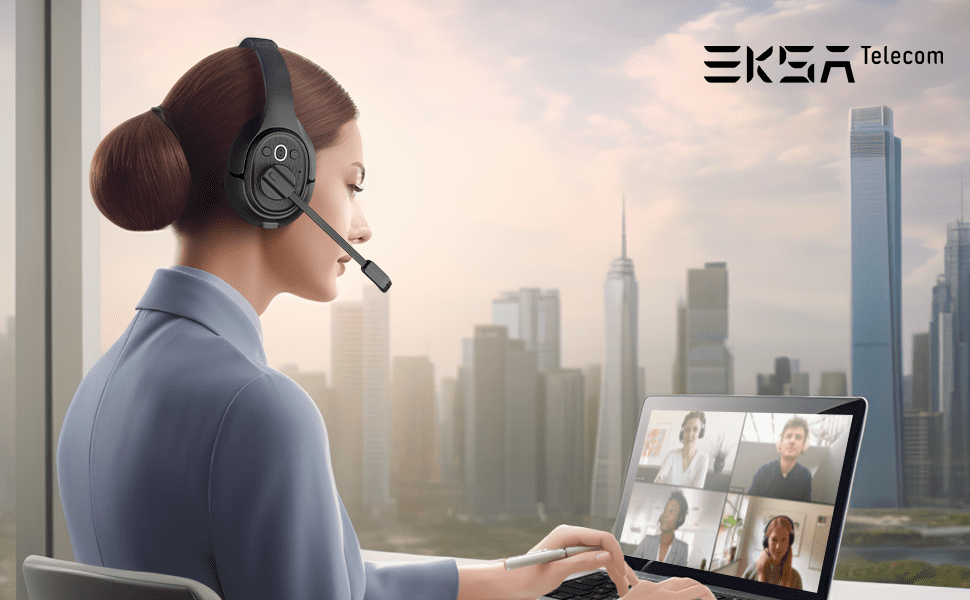 a women is on the online meeting by wearing a H1 Plus headset