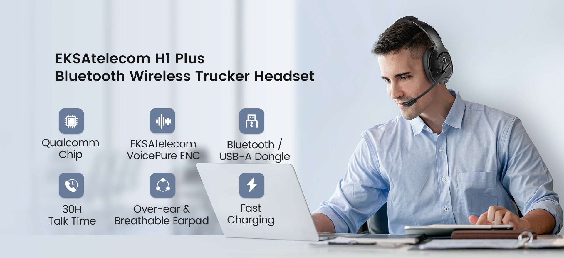 EKSAtelecom H1 Plus Bluetooth Wireless Trucker Headset With USB Dongle