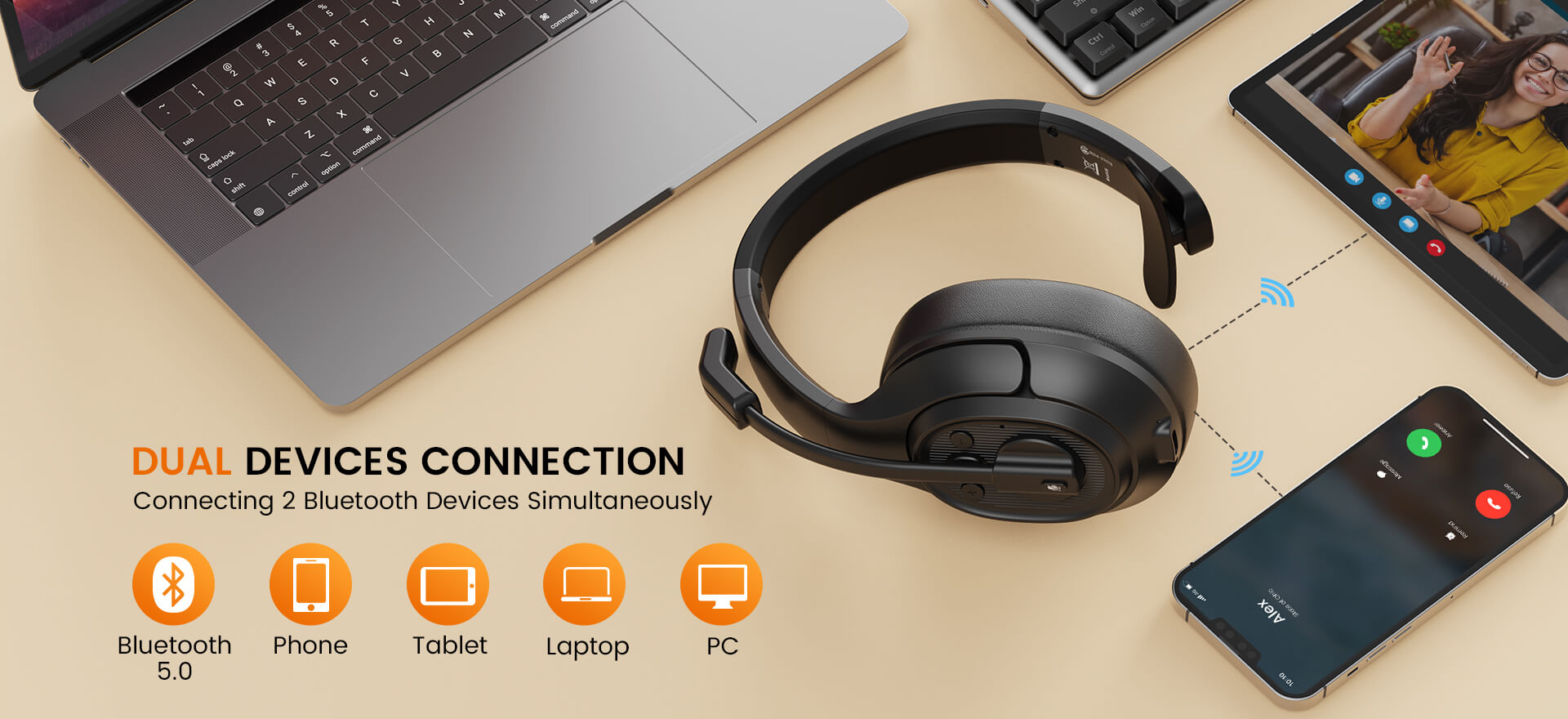 H1 headset with dual devices connection capability, enabling simultaneous pairing with two devices for seamless call reception and music playback.