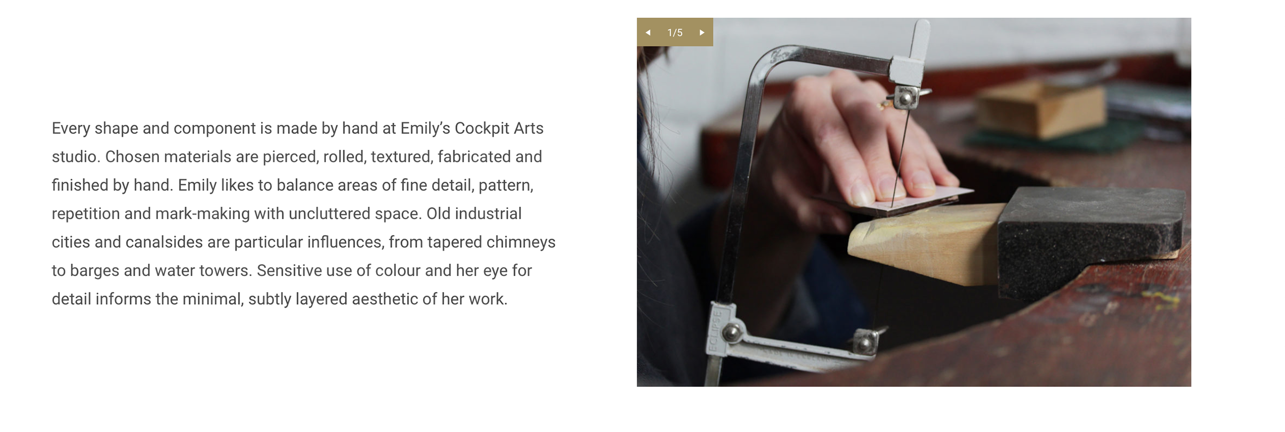 An close-up image of Emily using a piercing saw at her bench with some more about Emily text