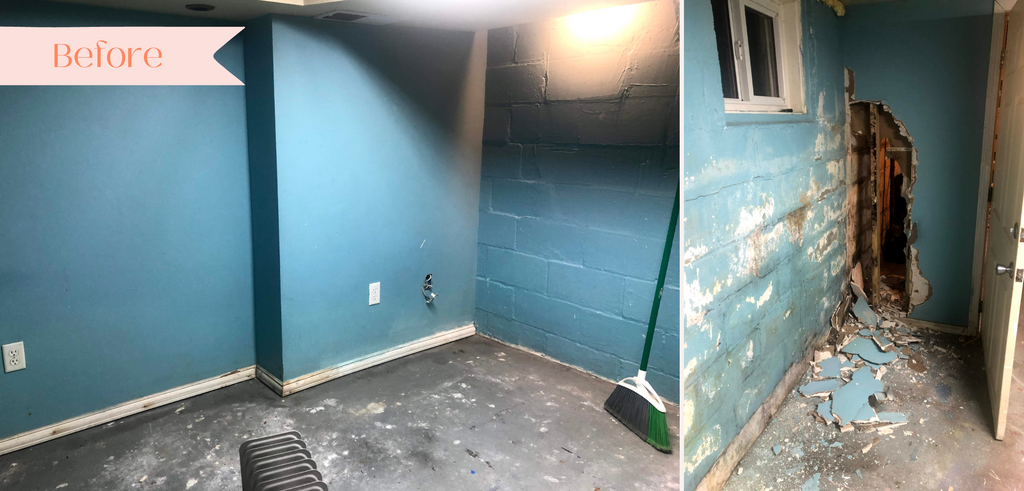 Grungy basement room with blue paint and crumbling drywall