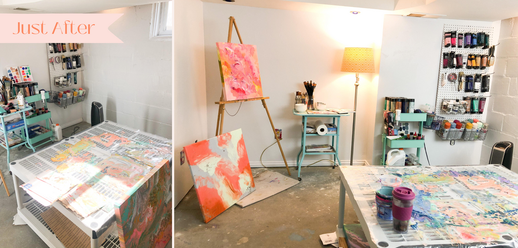 Brand new art studio with a makeshift work table and easel