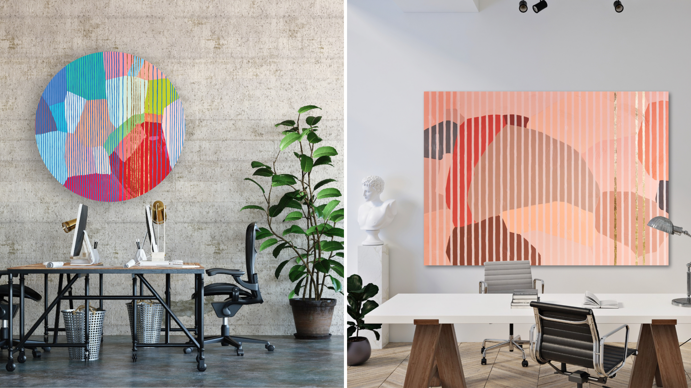 Vibrant abstract art hangs in a variety of workspaces.