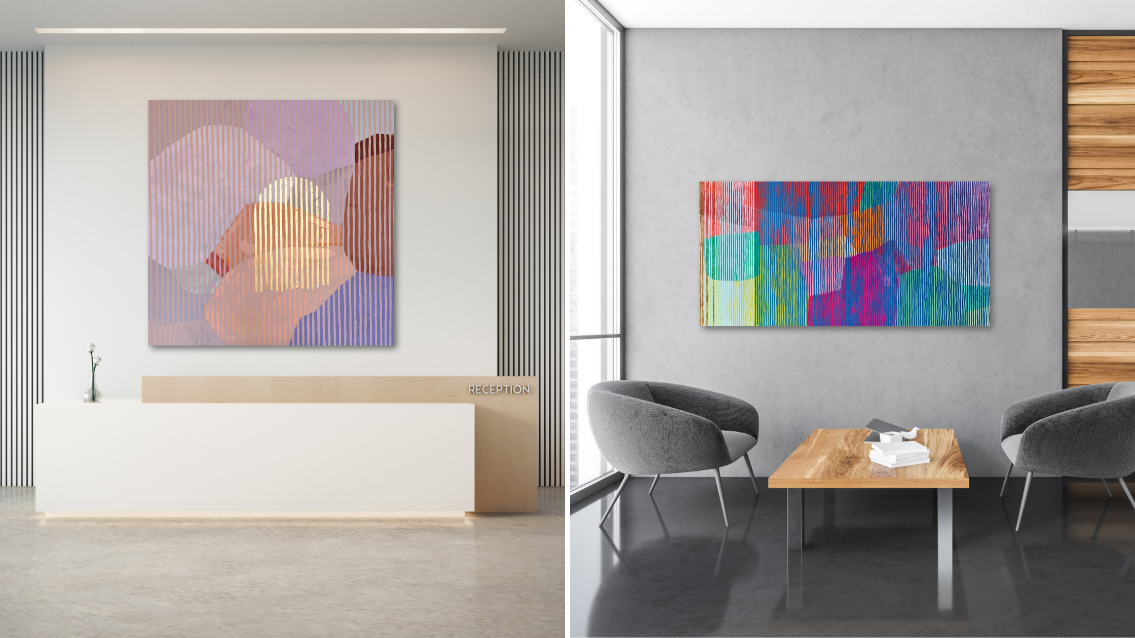 Colorful abstract artwork hangs in corporate buildings. A lilac and peach colored painting hangs above the reception area at a spa, and a boldly-colored painting hangs in a conversation nook.