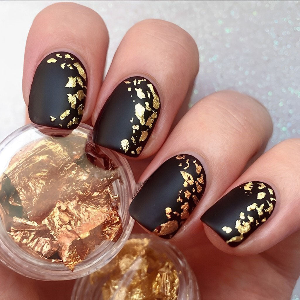 Black Matte Nails with Gold Highlights