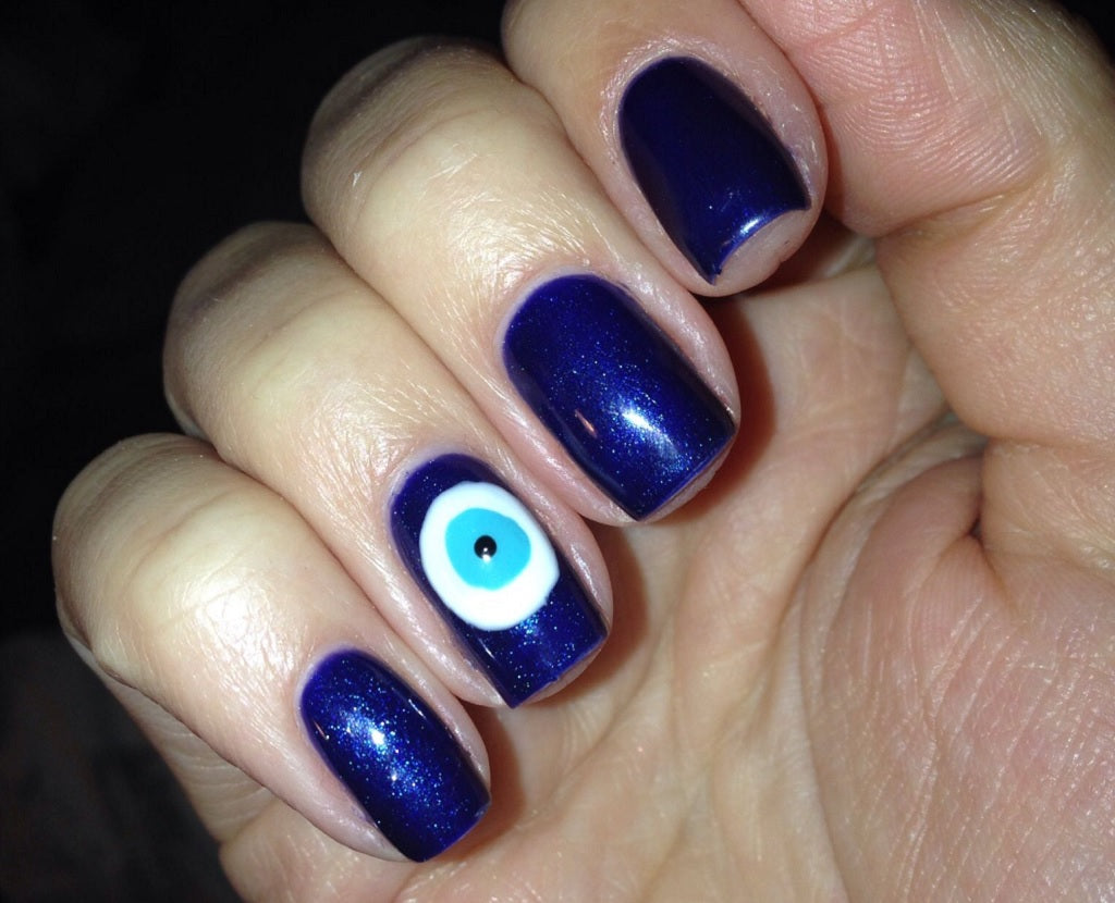 Blue Nails with an Evil Eye Accent Nail