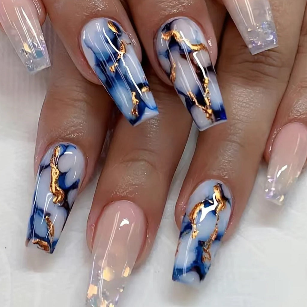 Blue and Gold Marble Nails