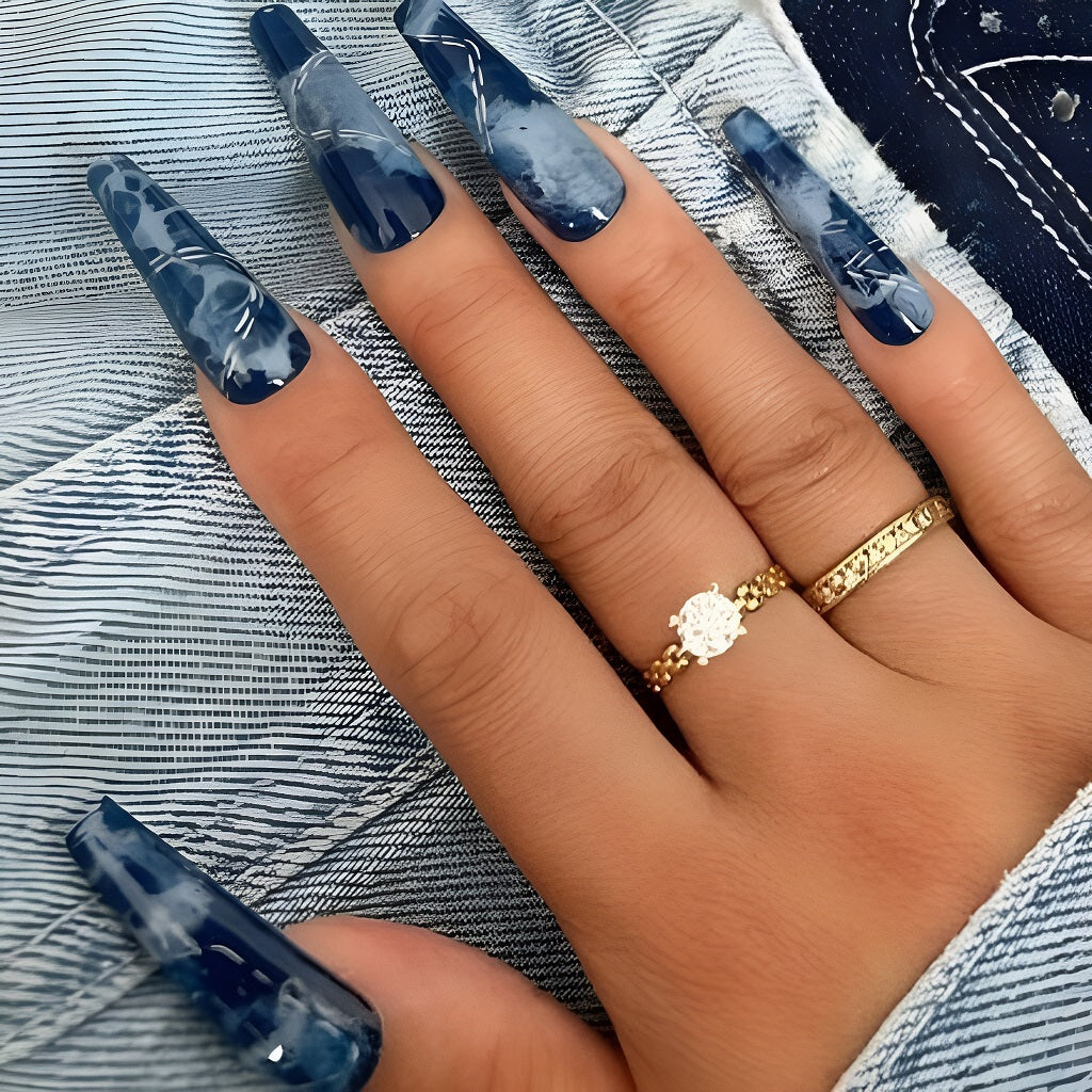 Distressed Denim Nails with Marbled Blue Shades
