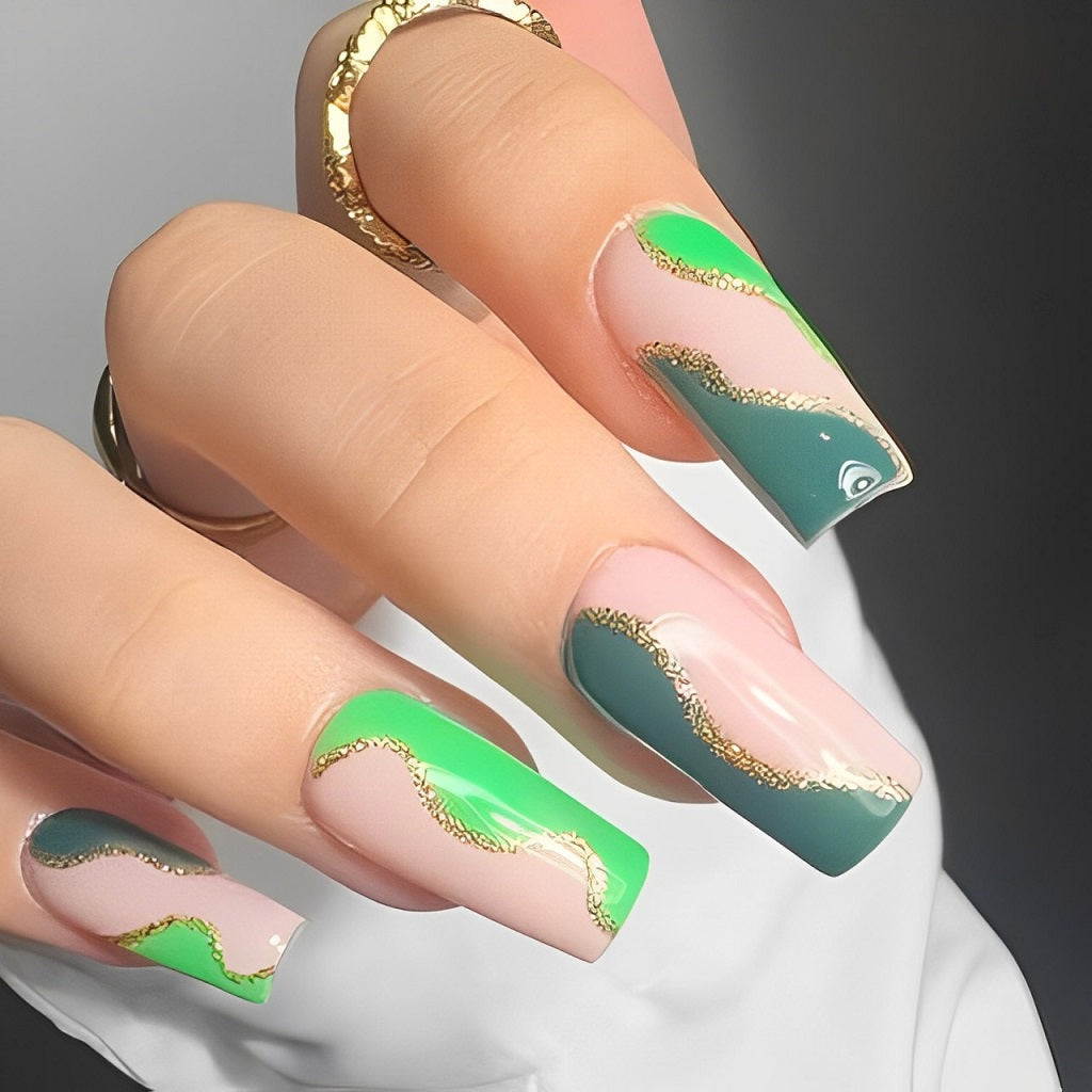 Gold, Green, and Pink Spring Nails