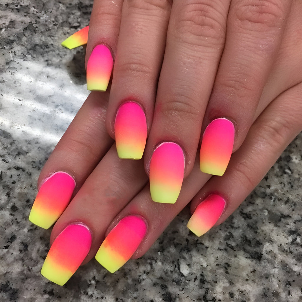 Gradient Pink, Orange, and Yellow Ombre Nails