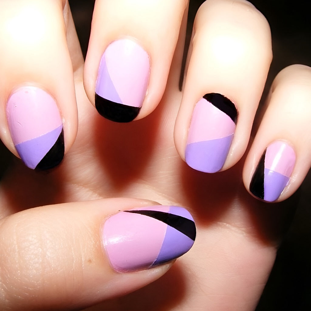Lavender, Black, and Pink Color-blocked Nails