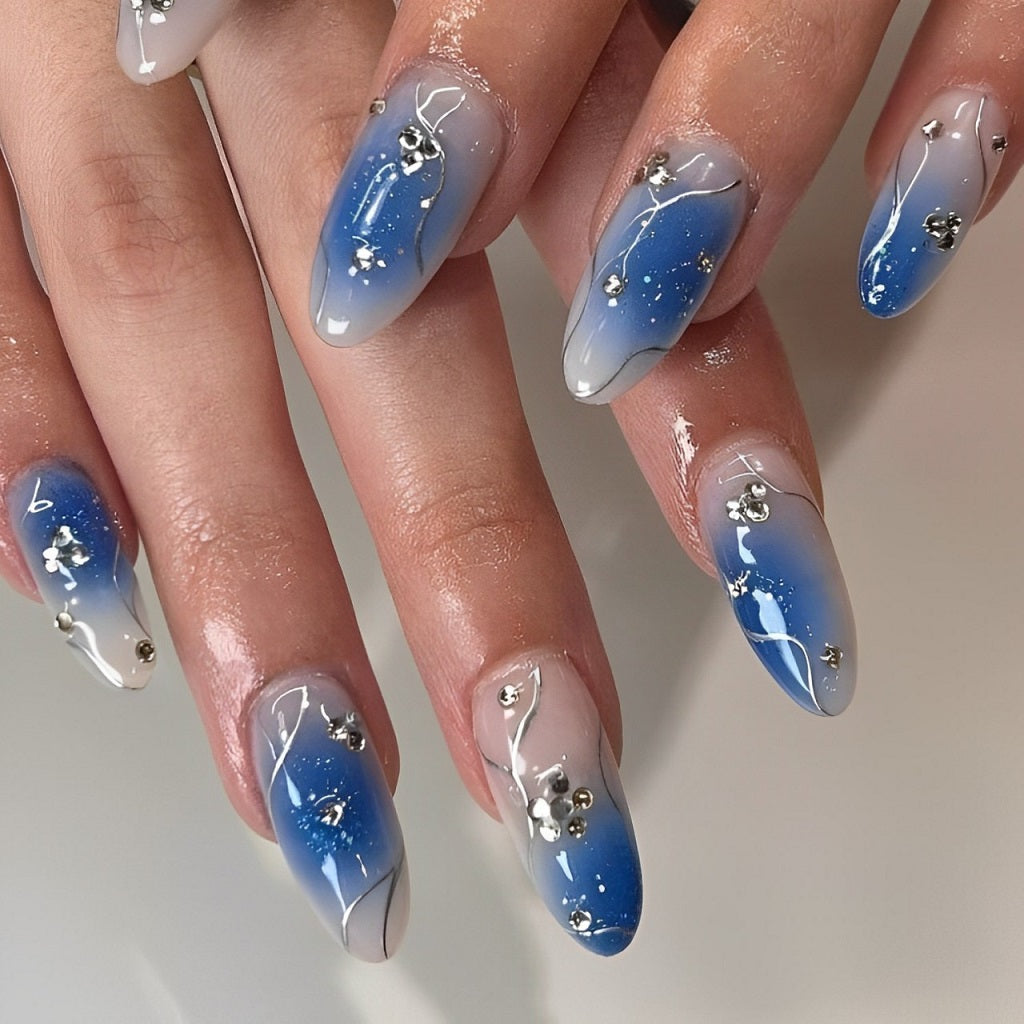 Milky White and Blue Nails