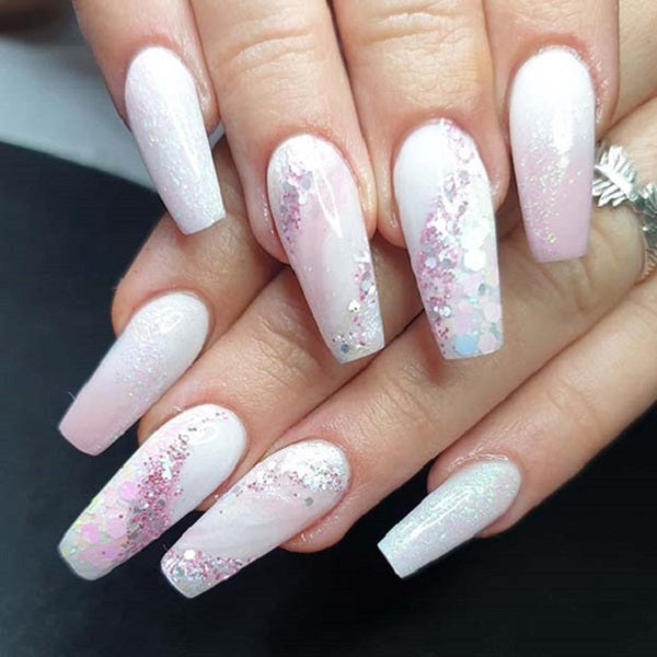 Milky White color nail with glitter