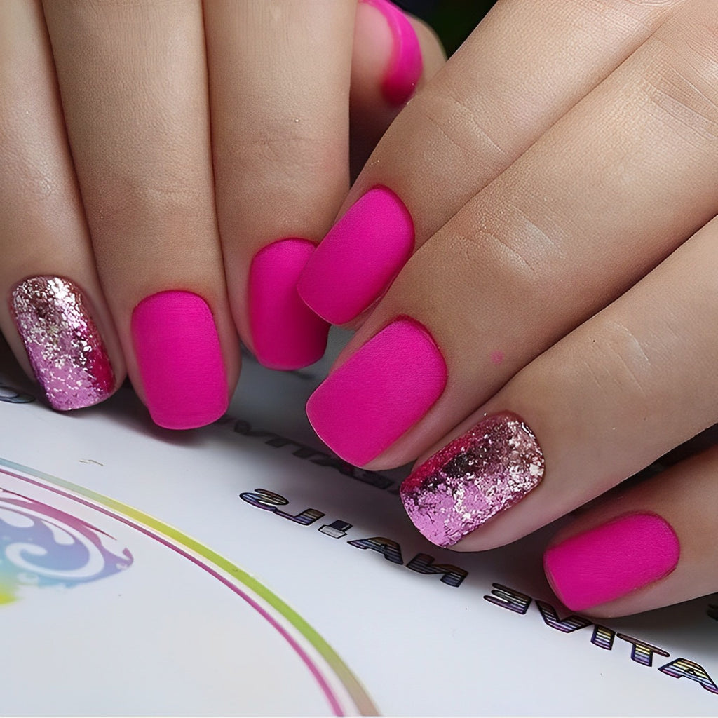 Pink Glitter Accents with a Matte Manicure