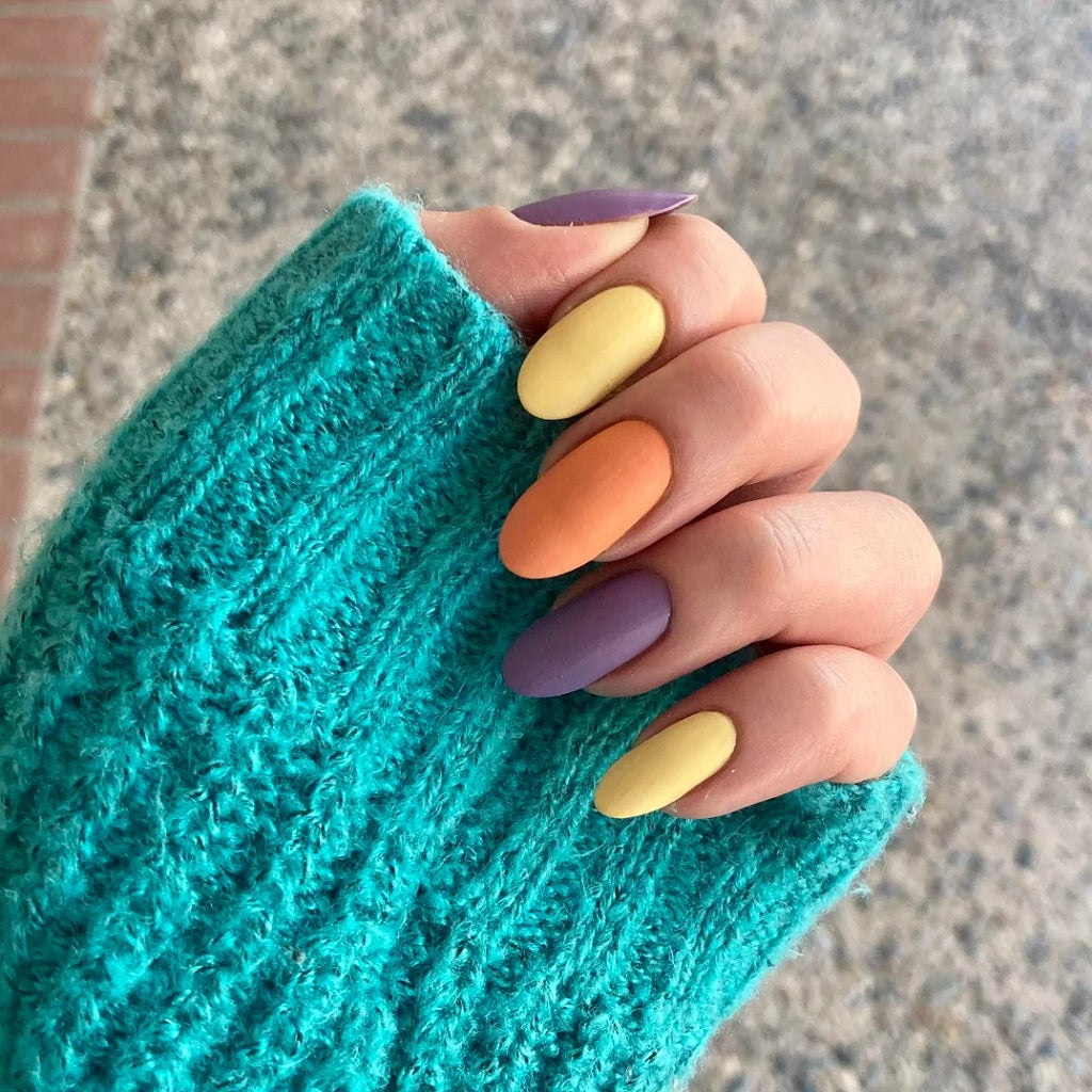 Purple, Orange, and Yellow Solid Color Nails