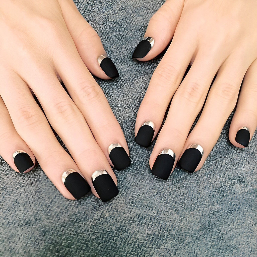 Reverse French Manicure on Matte Black Nails