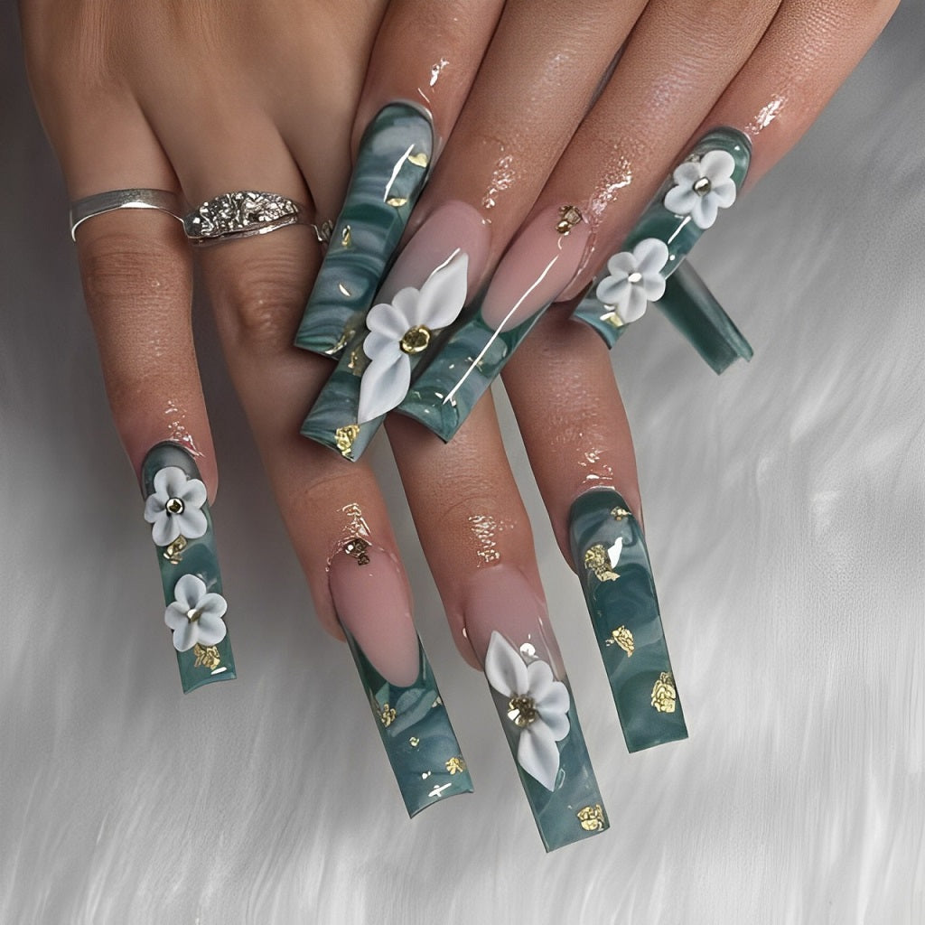 Sage Green Marbled Nails with Acrylic Blossoms
