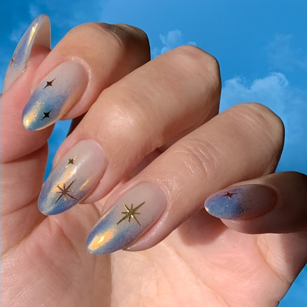 Sky Blue Ombre Tips with Gold Accents