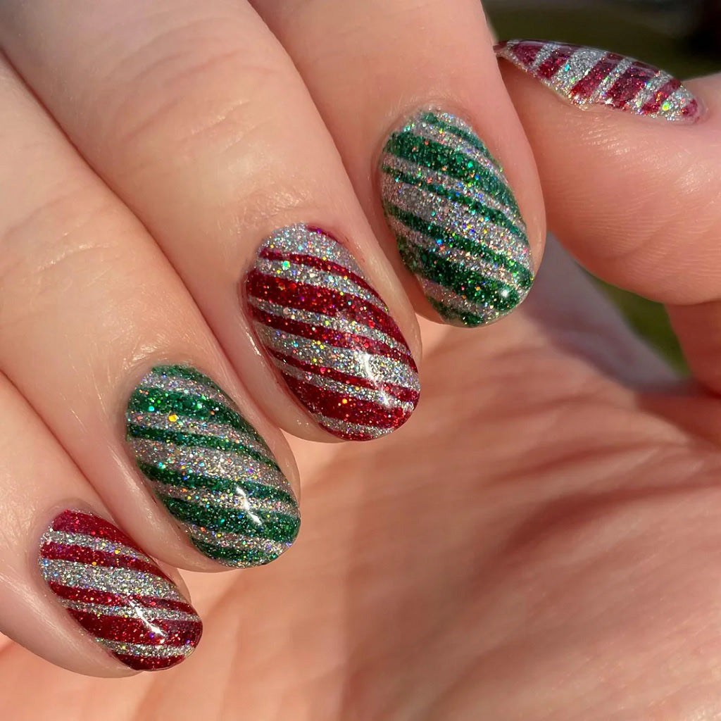 Sparkly Green, Red, and Silver Stripes