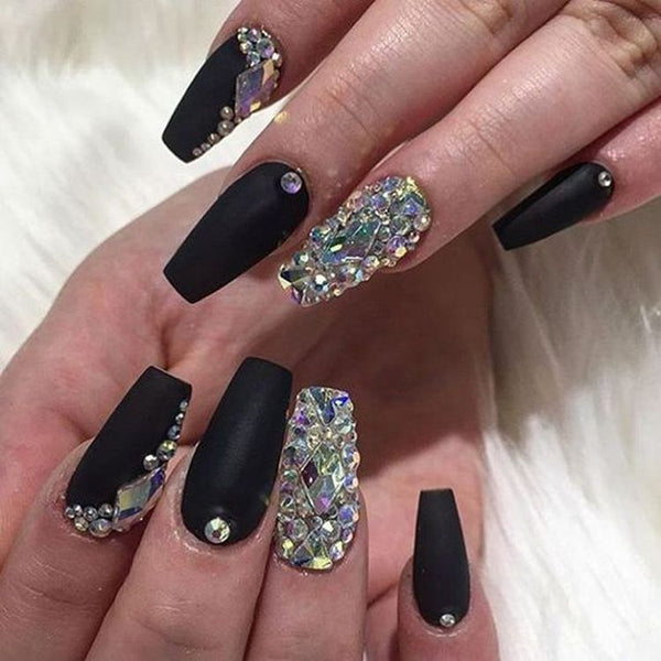 Velvet Coffin Nail Design, Matte Black color with Focal Rhinestone Pinkies