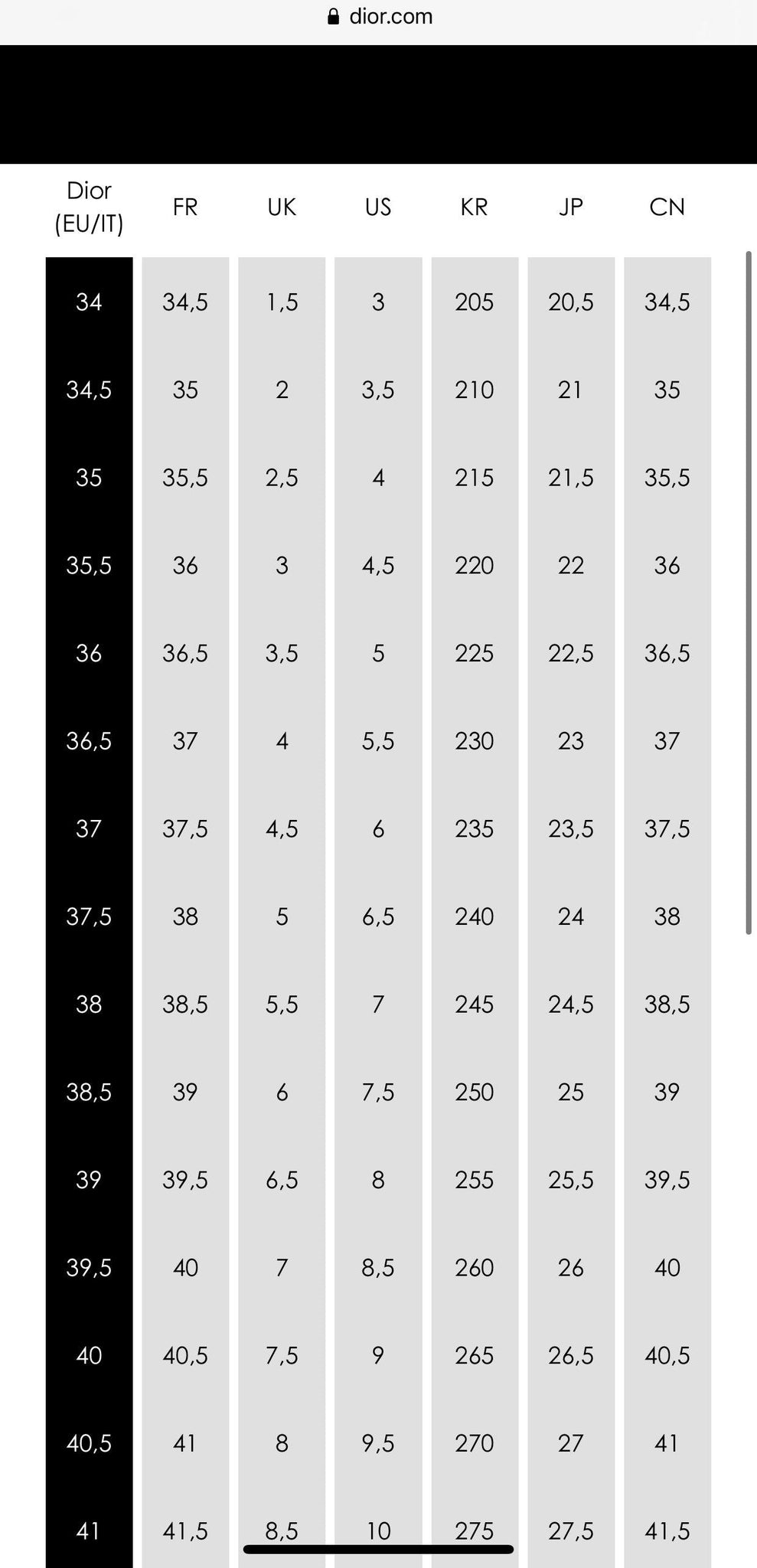 christian dior shoe sizing