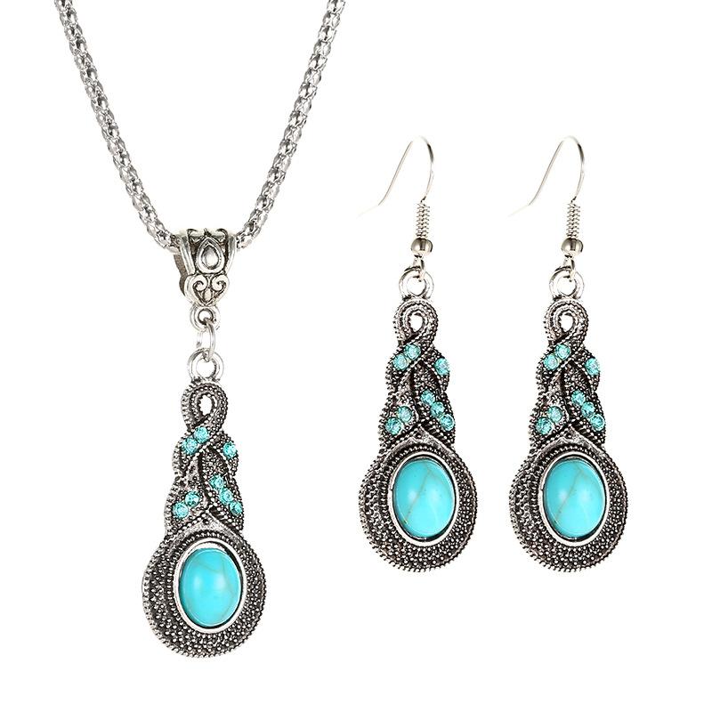 Summer Sale! New Retro Pattern Blue Crystal Inlaid Turquoise Earrings Necklace Set