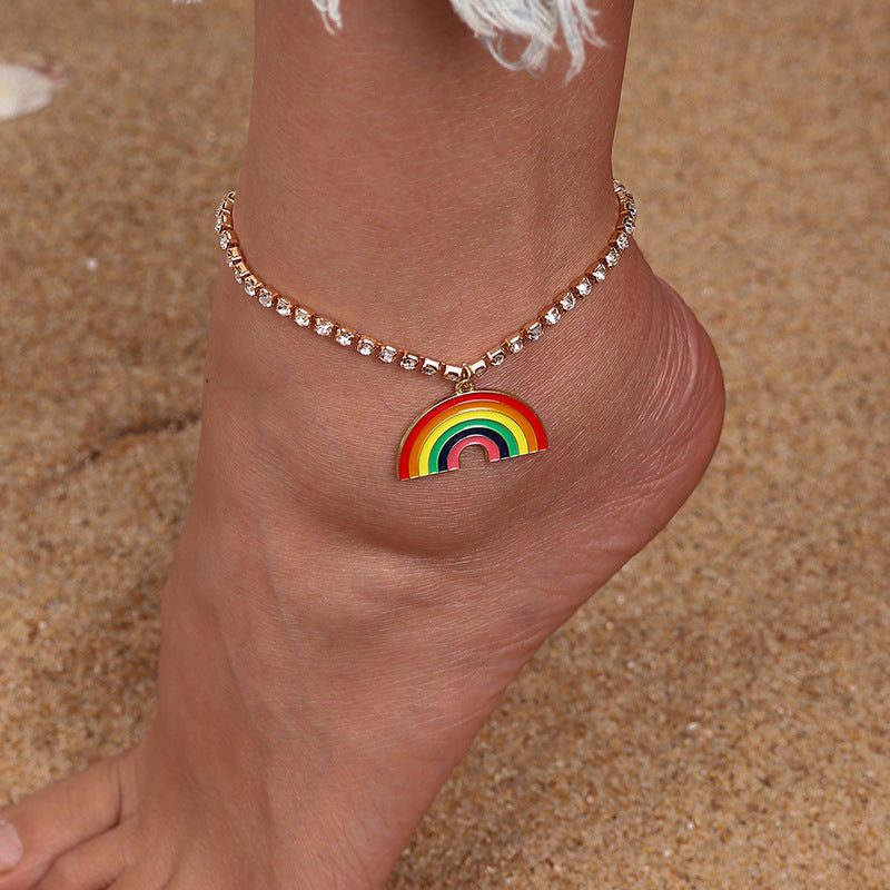 Summer Sale! Simple Style  Claw Chain Inlaid Rhinestone Rainbow Anklet